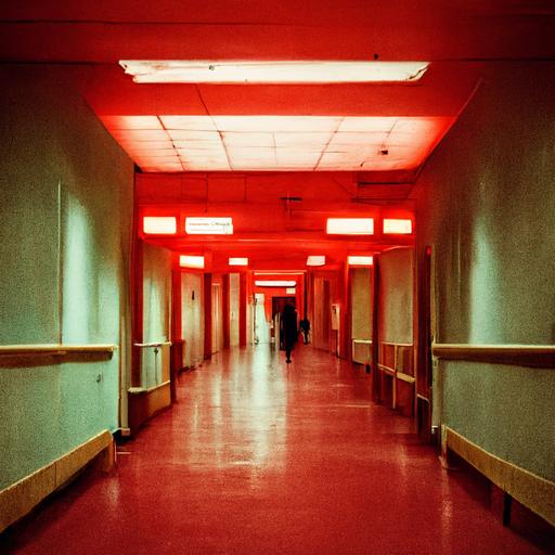 Hospital Hallways,Red walls, Blaring Bright Red Alarms,Red Exit Signs,Hospital door
