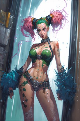 Hot attractive Jolyne Cujoh showing tities soaked and wet, fully nuding girl, cyberpunk shower bathroom, hyperrealistic art, full body shot, full body view, girl going nuding, tities showing, soap and water everywhere, anime, shower, bathroom, showerhead --ar 2:3