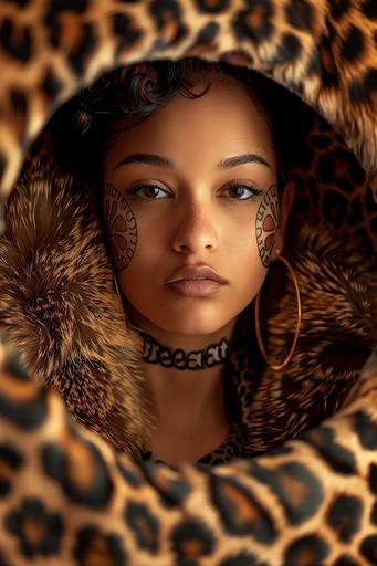 Hot beauty girl face frontal symmetrical portrait Cinematic shot of a beautiful 20yo slim with xl curves woman elegant furry cheetah suit, passional, i can't believe how beautiful this is, divine, gorgeous, cute, beauty, many crop circles tattoos face and neck, word 