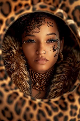 Hot beauty girl face frontal symmetrical portrait Cinematic shot of a beautiful 20yo slim with xl curves woman elegant furry cheetah suit, passional, i can't believe how beautiful this is, divine, gorgeous, cute, beauty, many crop circles tattoos face and neck, word 