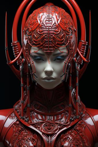 Hot beauty girl face frontal symmetrical portrait Dynamic portrait, porcelain, Futuristic black metal warrior monk, Asian male, shaved head, red war paint handprint on face, red glossy cyberpunk mech armor, red plastic, vanta black, futuristic eastern temple in background, photography by Annie Leibovitz --ar 2:3 --upbeta --q 2 --s 750 --v 5.2