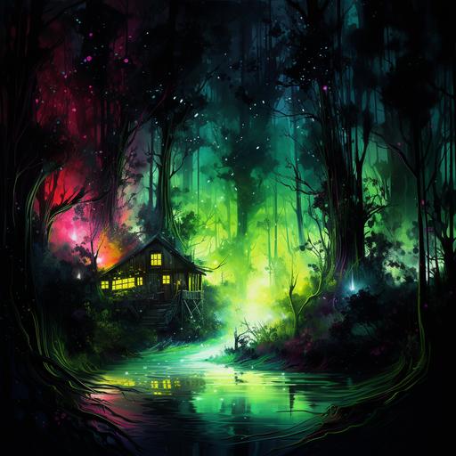 House in forest paint splashing around in neon forest at night like forest , underwater , long shot , view from above but not really algy at night shimmering green and vilot colors at night