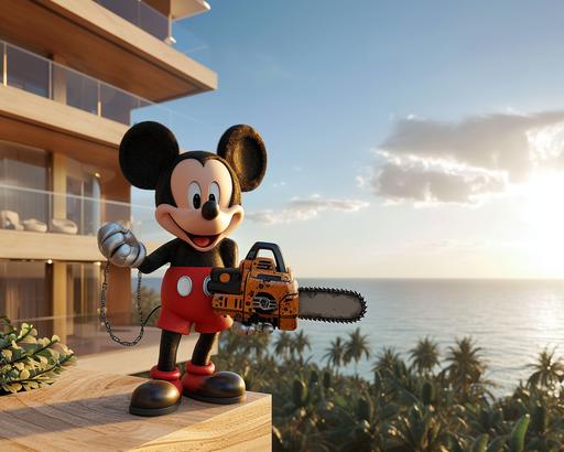 Https:// a scary Micky Mouse with a chainsaw in his hands have a walk in luxury residential 20-storey building on the shores of the Persian Gulf, daylight, ocean views, an atmosphere of luxury, like Bulgari and Dior, naturalistic rendering, extreme angle, dynamic outdoor shots --ar 10:8 --v 6.0