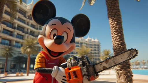 Https:// a scary Micky Mouse with a chainsaw in his hands have a walk in luxury residential 20-storey building on the shores of the Persian Gulf, daylight, ocean views, an atmosphere of luxury, like Bulgari and Dior, naturalistic rendering, extreme angle, dynamic outdoor shots --ar 16:9 --v 6.0