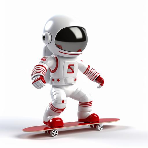 Astronaut playing skateboard, red and white futuristic costume, full black glass mask, white background, childlike, stick figure, cartoon