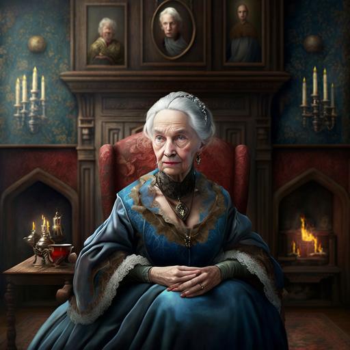 old noble lady in blue renaissance dress, grey hair, aquiline nose, sitting on a red velvet sofa, background hall of portraits and trophies lit by a fireplace