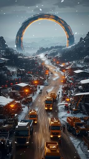 Huge Outdoor construction site, scene, simple house, several heavy trucks working,heavy snow, wonderful fairworks,Chinese New year atmosphere, red lanterns on the house, many workers, wearing yellow helmets, blue overalls, drone view, aerial photography, bright lights, lunar landscape,oc blender, 16k, birds view,Helicopter aerial photography, --v 6.0 --ar 9:16 --style raw --s 750