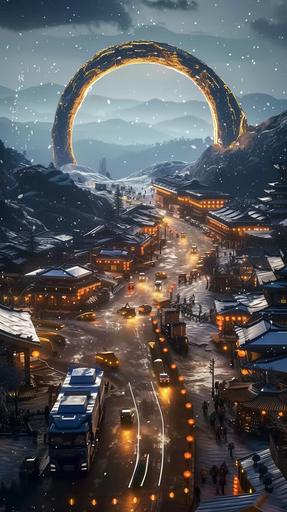 Huge Outdoor construction site, scene, simple house, several blue heavy trucks working,heavy snow, wonderful fairworks,Chinese New year atmosphere, red lanterns on the house, many workers, wearing yellow helmets, blue overalls, drone view, aerial photography, bright lights, lunar landscape,oc blender, 16k, birds view,Helicopter aerial photography, --v 6.0 --ar 9:16 --style raw --s 750