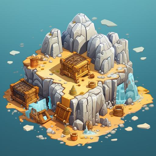 Huge dwarven treasure chest, cartoon-style deformation, 2d isometric view, quater_view, frostland, Quarter View, 2d animation sytle, cartoon style, casual design, super deformed, simplify, 12k, landscape, line