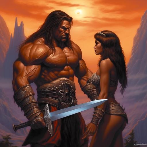 Hugely muscled warrior defends girl fantasy painting by Joe Jusko --s 50