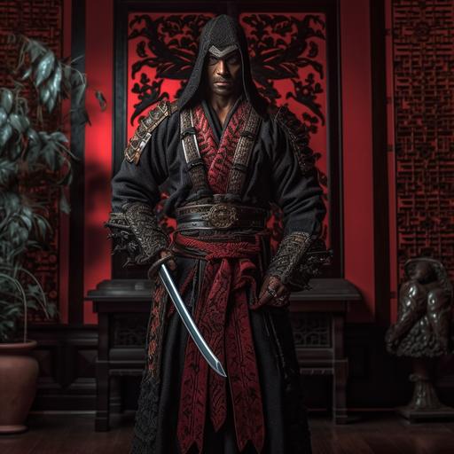 Human, Indian (no turban), wearing elaborate black and red ninja robes, wielding japanese katana with both hands, best assassin in the world, standing before teak wall covered in elaborate spanish decorations tapestries, fighting stance, fierce focus at camera, extremely detailed, photo realistic, 8k, v5