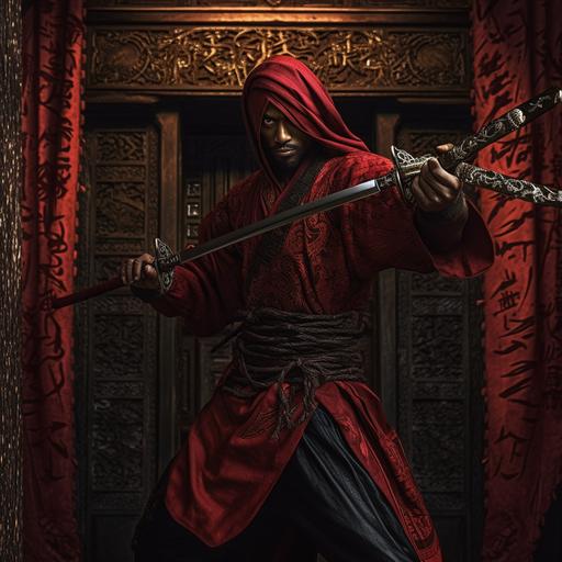 Human, Indian (no turban), wearing elaborate black and red ninja robes, wielding japanese katana with both hands, best assassin in the world, standing before teak wall covered in elaborate spanish decorations tapestries, fighting stance, fierce focus at camera, extremely detailed, photo realistic, 8k, v5