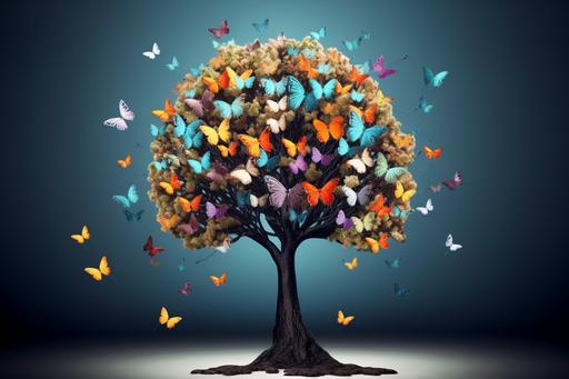 Human brain tree with flowers and butterflies, self care and mental health concept, positive thinking, creative mind, skin --ar 3:2 --v 5