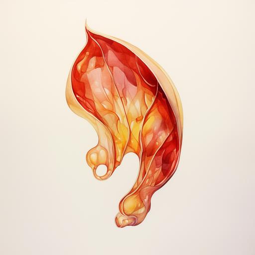 Human ear. it should be an ear only. The color of the ear is red and gold. watercolor painting, slightly cartoonish