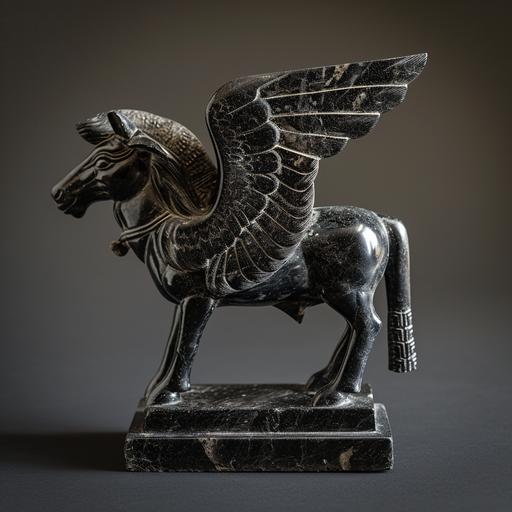 Human-headed Pegasus winged Bull statue, polished black augite, ancient, in the style of Assyrian lamassu --v 6.0