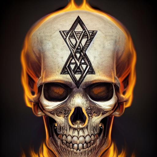 Humanoid skeleton, side view, with Star of David on the forehead set on fire, realistic --test --creative --upbeta