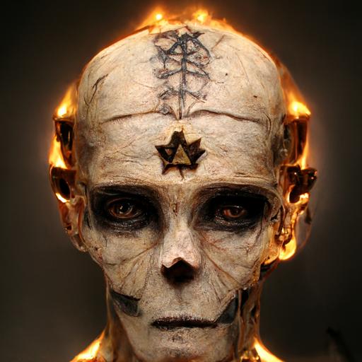 Humanoid skeleton, side view, with Star of David on the forehead set on fire, realistic