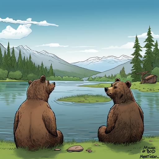 Humorous Farside-inspired cartoon, two grizzly bears by a serene lake, the male coyly winking at the viewer, female sporting a charming bow, focused on the tranquil water, Nikon D750 with AF-S NIKKOR 24-70mm f/2.8G ED, soft, natural daylight, whimsical coloring book sketch style