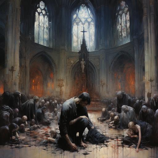 Hundreds of Men and women on their knees praying in a beautiful ornate temple, gothic, intricate details, hyper detailed, Jean Baptiste Monge, Carne Griffiths, Michael Garmash, Seb Mckinnon long ears, extra ears, Closed eyes, averted eyes, plastic, Deformed, blurry, bad anatomy, bad eyes, crossed eyes, disfigured, poorly drawn face, mutation, mutated, extra limb, ugly, poorly drawn hands, missing limb, blurry, floating limbs, disconnected limbs, malformed hands, out of focus, long neck, long body, ((((mutated hands and fingers)))), (((out of frame))), (((signature))), (((signatures))) blender, doll, cropped, low-res, close-up, poorly-drawn face, out of frame double, two heads, disfigured, too many fingers, deformed, repetitive, black and white, grainy, extra limbs, bad anatomy, logo