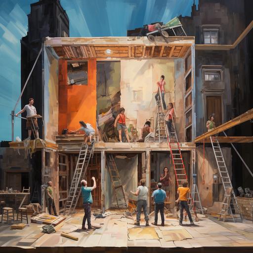 A painting of a theatre stage that is in construction. Showing the behind the scenes of a play, Flying angels, painting the sky with paint rollers, carpenters building the set and props, actors on a stage of disarray practicing their lines, half painted background, stage lights dangling with cords everywhere, a production assistant standing on a ladder yelling, painters on scaffolding painting in the background , expose jacks that hold up the set walls,