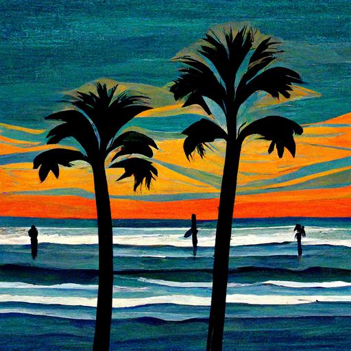 Huntington beach at sunset west palm trees and swimmers in surfers in the ocean notion acrylic on canvas style