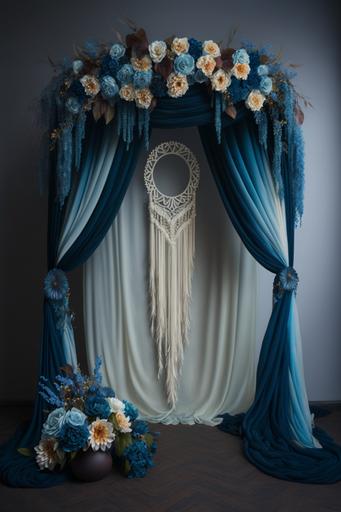 Hurley Macrame Blue Curtain Wedding Archway, Blue White Cutain, burning candle, colorful flowers,flower vase, Wedding Floral Arch, Wedding Swag Flower, Floral Swag Arch, Silk Flowers Arch, Blue Wedding Arch, empty White wall room, detailed, Sharpen, High qualited, 4k, Full HD, --ar 2:3