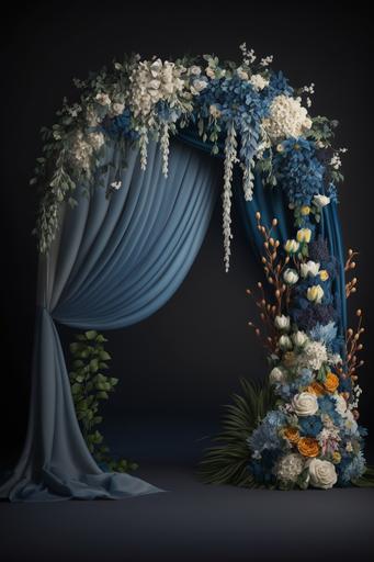 Hurley Macrame Blue Curtain Wedding Archway, Blue White Cutain, burning candle, colorful flowers,flower vase, Wedding Floral Arch, Wedding Swag Flower, Floral Swag Arch, Silk Flowers Arch, Blue Wedding Arch, empty White wall room, detailed, Sharpen, High qualited, 4k, Full HD, --ar 2:3