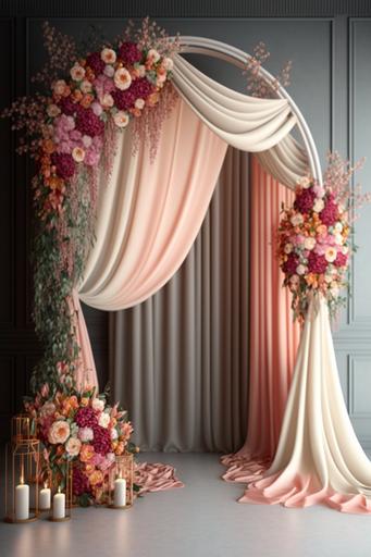 Hurley Macrame Pink Curtain Wedding Archway, Pink Curtain, burning candle, colorful flowers,flower vase, Wedding Floral Arch, Wedding Swag Flower, Floral Swag Arch, Silk Flowers Arch, Pink Wedding Arch, empty White wall room, detailed, Sharpen, High qualited, 4k, Full HD, --ar 2:3