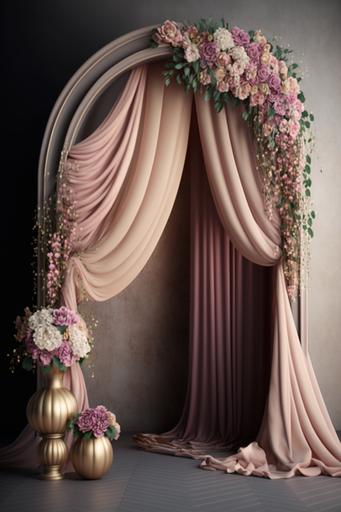 Hurley Macrame Pink Curtain Wedding Archway, Pink Curtain, burning candle, colorful flowers,flower vase, Wedding Floral Arch, Wedding Swag Flower, Floral Swag Arch, Silk Flowers Arch, Pink Wedding Arch, empty White wall room, detailed, Sharpen, High qualited, 4k, Full HD, --ar 2:3