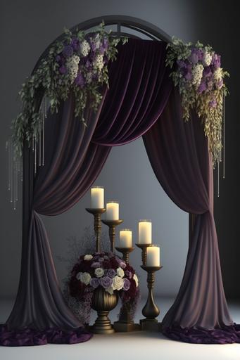 Hurley Macrame Purple Curtain Wedding Archway, Purple Curtain, burning candle, colorful flowers,flower vase, Wedding Floral Arch, Wedding Swag Flower, Floral Swag Arch, Silk Flowers Arch, Purple Wedding Arch, empty White wall room, detailed, Sharpen, High qualited, 4k, Full HD, --ar 2:3