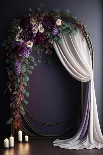 Hurley Macrame Purple Curtain Wedding Archway, Purple Curtain, burning candle, colorful flowers,flower vase, Wedding Floral Arch, Wedding Swag Flower, Floral Swag Arch, Silk Flowers Arch, Purple Wedding Arch, empty White wall room, detailed, Sharpen, High qualited, 4k, Full HD, --ar 2:3