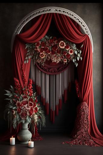 Hurley Macrame Red Curtain Wedding Archway, Red White Cutain, burning candle, colorful flowers,flower vase, Wedding Floral Arch, Wedding Swag Flower, Floral Swag Arch, Silk Flowers Arch, Red Wedding Arch, empty White wall room, detailed, Sharpen, High qualited, 4k, Full HD, --ar 2:3