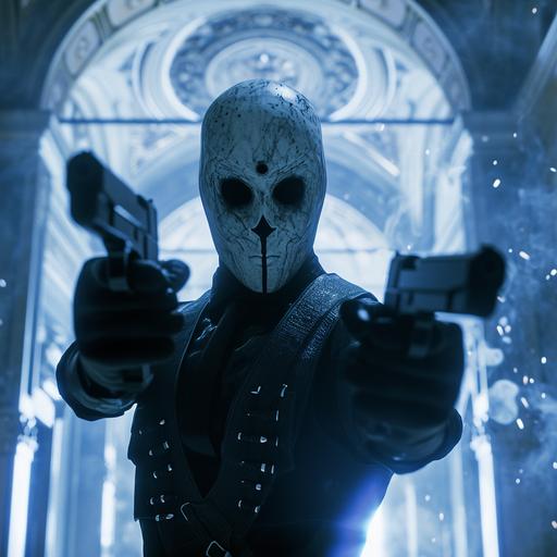 Hush, a villain holding two guns and shooting at the camera. Full body. His mask is a marble greek statute face and dons androgynous fashion. He is standing in a gothic building. strong blue tint, dust particles, dark at night, dramatic light, Directed by George Miller , design and composition by Chung-hoon Chung , cinematic shots, nightmare, gloomy, foreboding, golden ratio, high resolution, photorealistic, cinematic light, cinematic style, full detailing, porta 400 film, high quality, HD, 8k, ray tracing --style raw --v 6.0