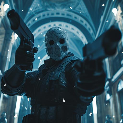 Hush, a villain holding two guns and shooting at the camera. Full body. His mask is a marble greek statute face and dons androgynous fashion. He is standing in a gothic building. strong blue tint, dust particles, dark at night, dramatic light, Directed by George Miller , design and composition by Chung-hoon Chung , cinematic shots, nightmare, gloomy, foreboding, golden ratio, high resolution, photorealistic, cinematic light, cinematic style, full detailing, porta 400 film, high quality, HD, 8k, ray tracing --style raw --v 6.0