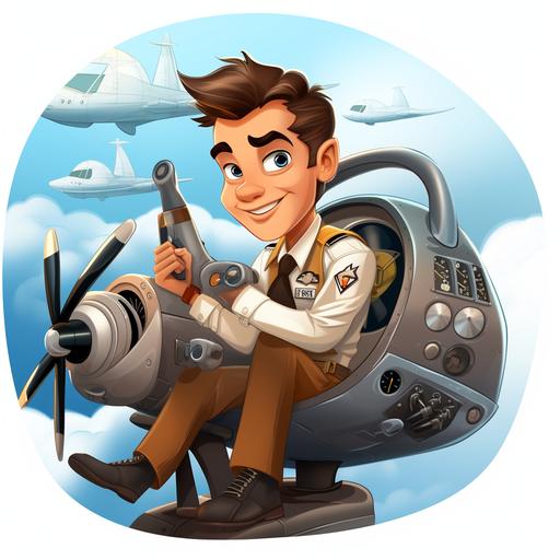 Pilot, Disney Cartoon Style , pilot in a cockpit with an airplane with a white background