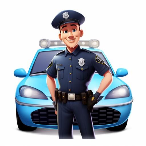 Police Officer, Disney Cartoon Style , police officer in a uniform with a police car with a white background