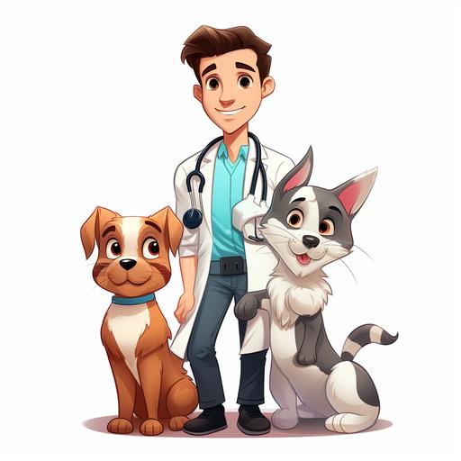 Veterinarian, Disney Cartoon Style , veterinarian with a dog and a cat with a white background