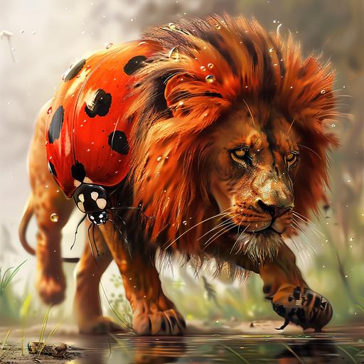 Hybrid animal of a lion and ladybug, crossover fusion