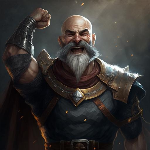 Hype-realistic style, epic fantasy, human soldier, victorious after a battle, gray beard, bald, handlebar mustache, muscled, chain mail, military gloves, raising a falchion