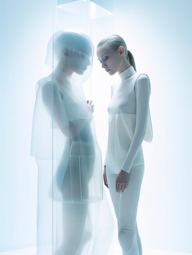 Hyped and ultra-modern, artistic photography in a studio, intended for a contemporary art gallery. The photograph features cool and smooth tones, minimalist composition, with soft light enveloping. The photo represents Two beautiful slim women models, delicately and affectionately embrace. wearing minimalist translucent plastic outfits creating a science fiction ambiance. Distinctive facial features subtly enhanced by the studio lighting. Delicate and sensual. They showcase modern and original hairstyles, adopting a languid face. One of them has slightly parted lips and closed eyes, while the other gazes intensely at the camera. Something strange is happening; one of them appears to be wearing a translucent silicone mask. They are clad in futuristic, . In the style of Peter Knapp, Thierry Mugler, Synchrodogs, Charlotte abramov. erotic photography, 90’s, Y2K Avant-garde, Hyperrealistic, highly detailed, Beautiful Lighting, 35mm, Soft natural lighting, cinematic, Film grain, --ar 3:4