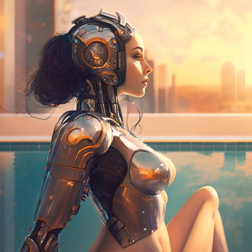 Hyper Realistic masterpiece by Wlop fullbodyshot of a hot brunette robot babe in shiny plastic swimwear and high heels under the sunset lying on the pool side of a luxury hotel, backview, best quality illustration, ultra-detailed, epic pose, chill happy face, hot pose,wide unconventional angle, wide angle sceneshot, (25-years-old)-hot-babe , fit-thick-build, wide hips, gorgeous face-perfect with perfect animeeyes-symmetric, subsurface-scattering, synthpop colors, stable-diffusion, glows, sparkles, iridescence, high contrast, rtx[shading(focal/hardlight-diffused/ambientlight)-lighting(nadir-zenith-selective)-stylized-highcontrast-highsharpness], ufotable, sololeveling, Maya XGen finer hair, IGroom software, darker shadows, --ar 1:1