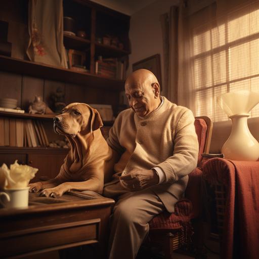Hyper realistic Candid shot of Sardar Vallabhbhai Patel wearing cool beige sweatshirt playing with his German shepherd dog in his home in present india in year 2023, extremely detailed, 8k, detailed facial expressions
