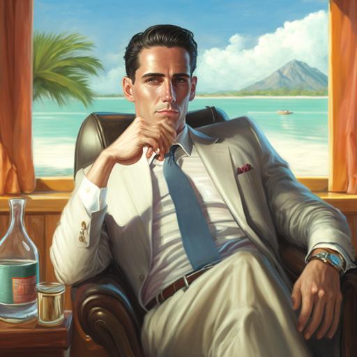 Hyper realistic High definition of a 30 year old successful business man with slicked back hair wears a cream colored suit with a light blue button down shirt, pink tie, and crocidile shoes sits in his leather office chair looking out at the tropical beach enjoying his whisky and cigar