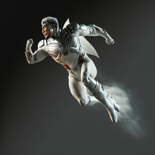Hyper realistic Marvel universe style Fit handsome mature Japanese super villain man no mask wearing white android jetpack suit, action pose, dystopian nightmare, wide angle, full body, action shot super hero landing --v 4
