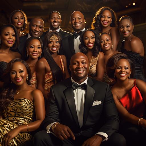 Hyper realistic Photo of a group of African people in the 50’s attending a 35th anniversary gala. They should be dressed in fancy, gala black tie, fancy suits and gowns. The crowd should be dark skin tone and black African, Dark skin, African ethnicities. Vibrant, joyful, happy, Lighting: Dramatic spotlight on each nominee, casting soft shadows and highlighting the intricate details of their plaques. Colors: Deep blacks, regal golds, and rich burgundies. Composition: Shot with a Canon EOS-1D X Mark III DSLR camera, EF 70-200mm f/2.8L IS III USM telephoto lens, Resolution 20.1 megapixels, ISO sensitivity: 400, Shutter speed 1/125 second, capturing a tight frame around the nominees, with a shallow depth of field to emphasize their expressions and the plaques they hold. Use this image