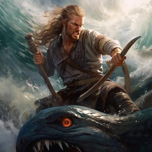 Hyper realistic, Scandinavian male, viking braids, long hair, scars, teenager, light skin, holding an axe on a viking boat in the middle of the ocean fighting a large maneating eel