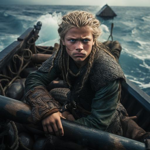 Hyper realistic, Scandinavian teenage male, viking, long viking braids, face scars, leather clothing and raccoon tails attached to belts, on a viking boat in the middle of the ocean while fighting a maneating eel