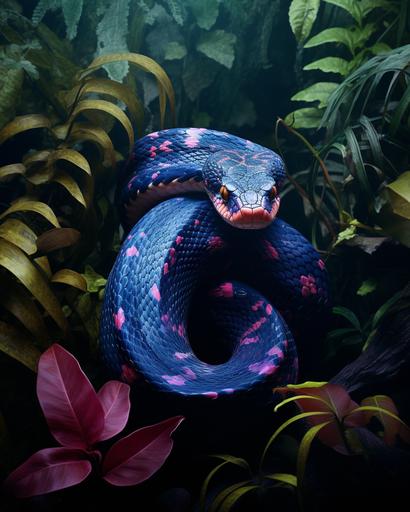 Hyper realistic, award-winning photograph showcasing the full length of a blurple (blue-purple) colored snake in the vibrant rainforest of Costa Rica. The snake should be winding through a vividly green environment with rain-soaked leaves, thick underbrush, and colorful tropical flowers. The image should capture the rainforest's moist, dense atmosphere and the intricate patterns of the snake's scales under the soft, diffused light of an overcast sky. Camera setup: Canon EOS-1D X Mark II, 70-200mm lens set to 135mm for a balanced composition, f/4 for depth while keeping the entire snake in focus, ISO 800 for the dim rainforest light, and a slow shutter speed to create a sense of the gentle rainfall. The overall feel should be enchanting and mysterious, portraying the snake as an ethereal part of its lush, natural surroundings. --ar 4:5 --s 50