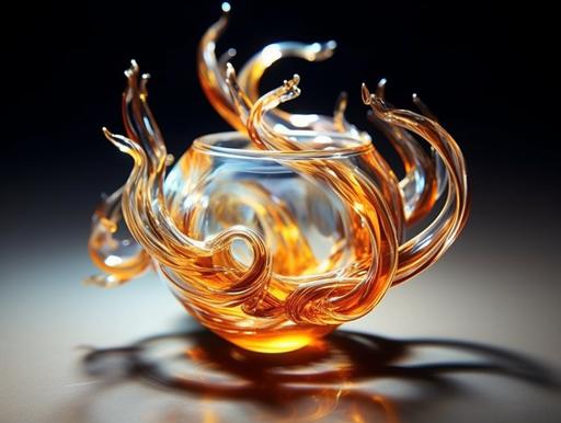 Hyper-realistic capture of an incandescent paperclip of fire::5 entrapped within an intricate art glass paperweight::4 situated next to an ornate demitasse brimming with steaming espresso::4 on a mahogany coffee table --ar 4:3 --chaos 20 --stylize 800 --stop 100