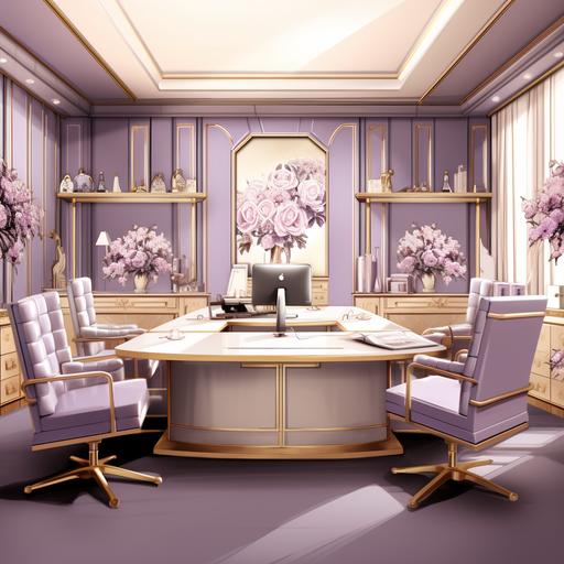 Hyper realistic illustration of an open luxury executive office space with multiple desks. The walls are light purple with silver trim intricate gold molding. The back wall has mural of huge white and purple flowers. The chairs are white tufted leather with gold trim. the desks are purple with gold metal legs and gold accents. Other elements in the room are tall floral arrangements in the corners